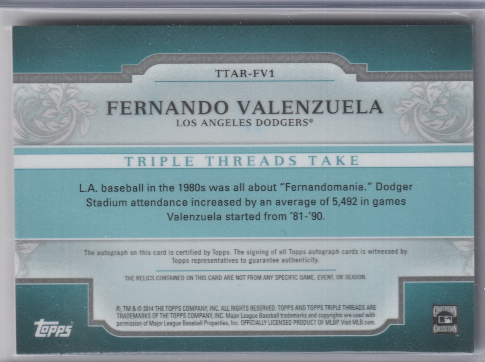 2014 Topps Triple Threads Fernando Valenzuela Game Used Patch Auto #3/3 view 2