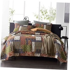 Cotton Bedspread Quilt Sets Reversible Coverlet Queen Size Patchwork Brown