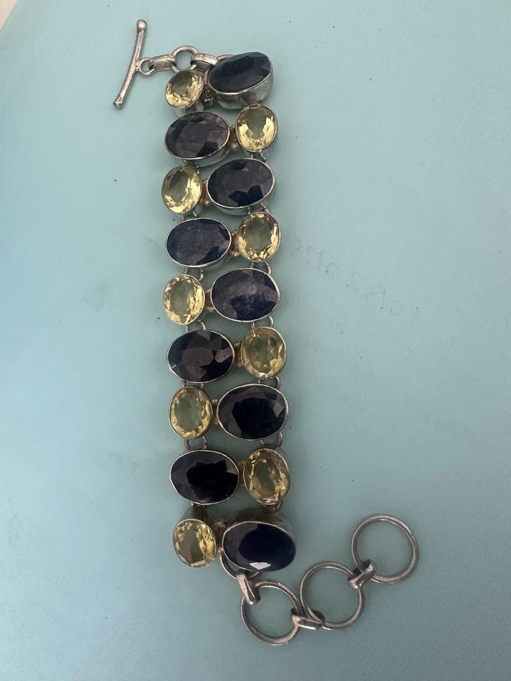 Sterling Silver 925 Bracelet Faceted Lapis Lazuli Citrine Gemstone Toggle 8.5" - Image 2 of 4