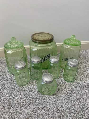 Green Uranium Glass Cookie Jar Canister Shakers Hoosier Depression Hocking 8pc