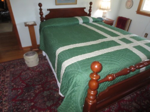 Handmade FLORAL STRIPE ASYMMETRIC PATCHWORK on GREEN Cotton QUILT - 86" x 94"
