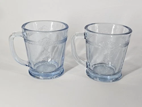 Fire King Oven Glass Sapphire Blue set of 2 glass D-handle mugs