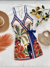 Women's Tropical Element Coconut Tree Palm Leaf Spaghetti Strap Dress.SizeM(US6)