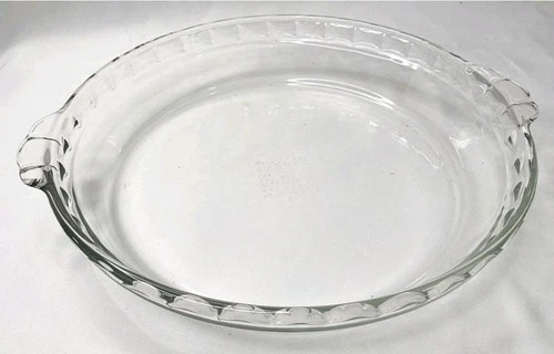 Vintage #229 Deep Clear Glass Pyrex 9.5” Pie Plate w/Fluted Rim & Side Handles