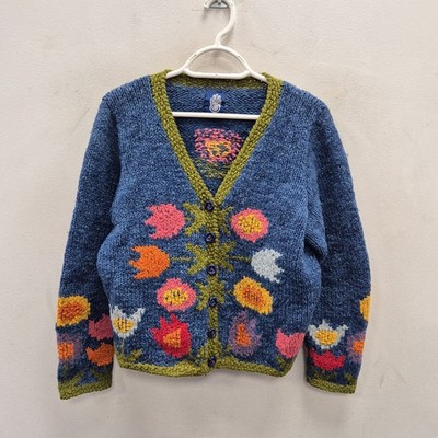 Amano Vintage Blumen Wolle Cardigan Handstrick Grobstrick Blumen V-Ausschnitt Pullover S / M