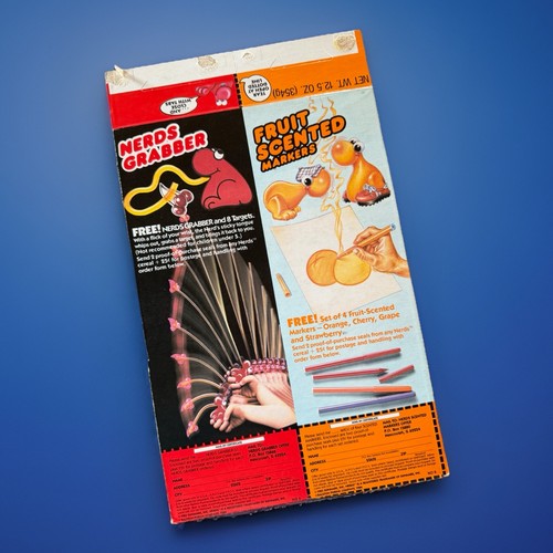 1986 Ralston NERDS Candy Cereal Box Back Panel - Grabber & Scented Markers