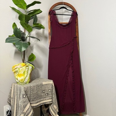 Lucy in The Sky LARGE Burgundy Chiffon Ruffle High Slit Maxi Dress