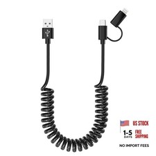 USB to USB-C and Lightning Cable Combo 2 in 1 Coiled Cable Support Apple Black