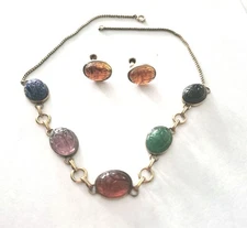 Vtg  12K GF Egyptian Revival Scarab  Set VAN DELL Screw Bk Earrings & Necklace