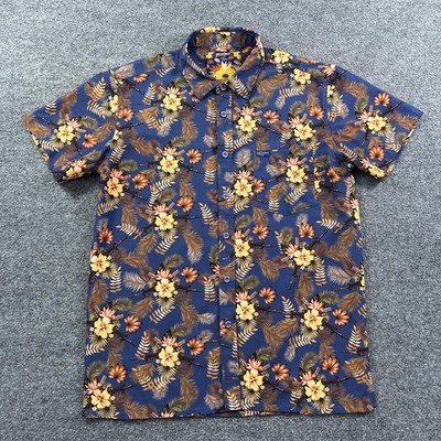 Retro Rifle Shirt Mens Large Blue Hawaiian Floral Tropics Aloha Button Up Pocket