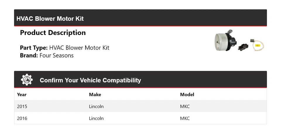 Kit de motor soplador HVAC Lincoln MKC 2015-2016 4 estaciones Foto 2 de 3