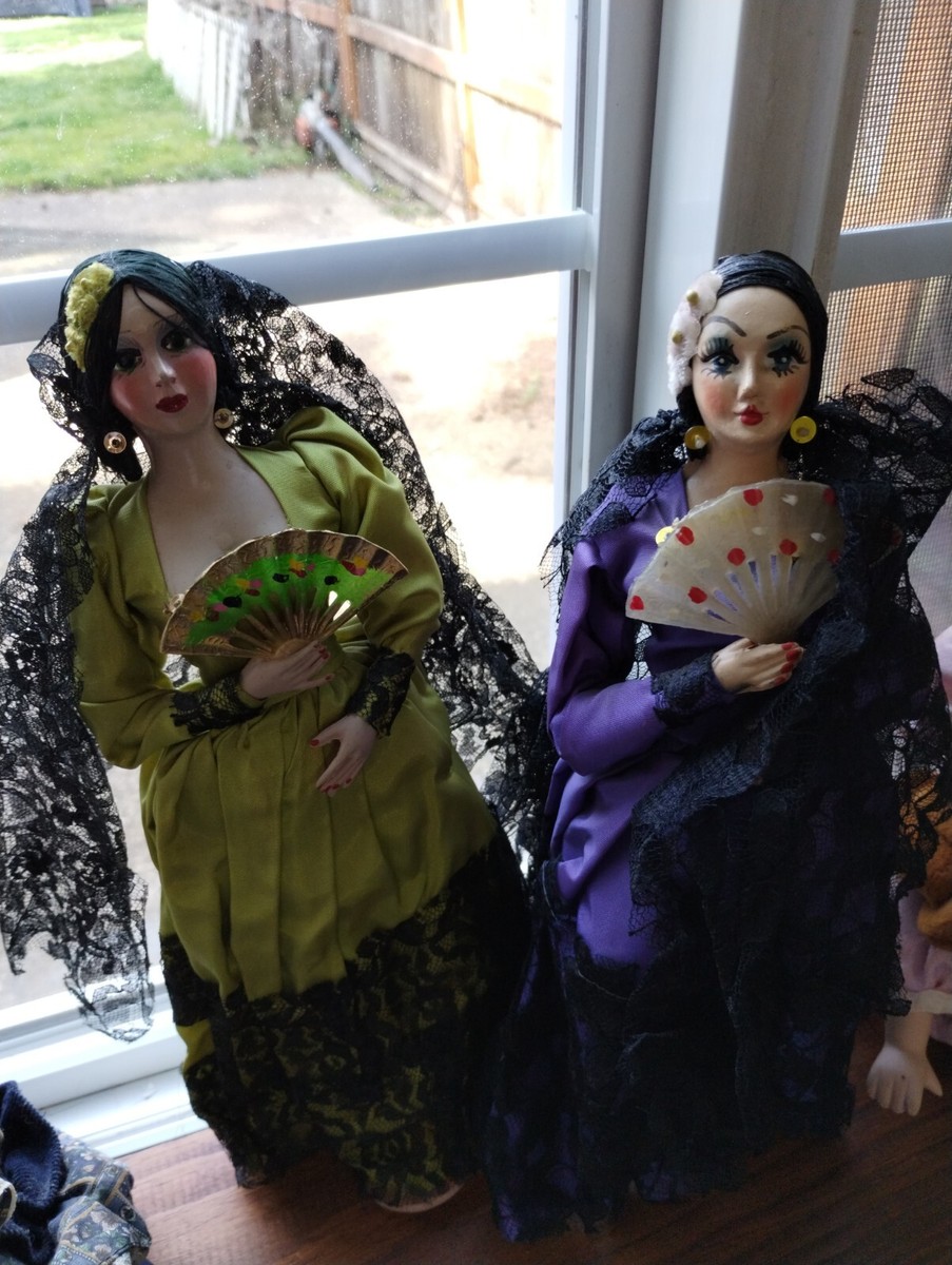 the green dresses are large in spanish 2 Vintage Doll slit detail
