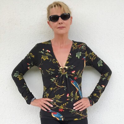 *Roberto Cavalli* TOP, Shirt, Oberteil, Tunika, Schwarz, bedruckt Gr. M