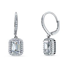 Emerald Cut Leverback Earrings Cubic Zirconia 925 Sterling Silver