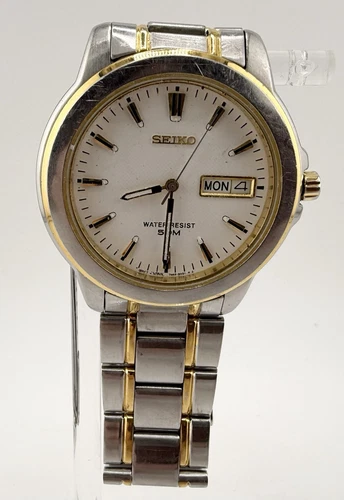 Vtg Seiko Quartz Watch 7N43-8309 Men 50m Dual Tone New Battery Date Not Working