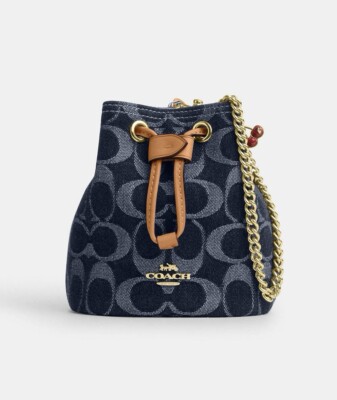 NWT Coach Drawstring Wristlet In Signature Denim Gold/Denim Blue
