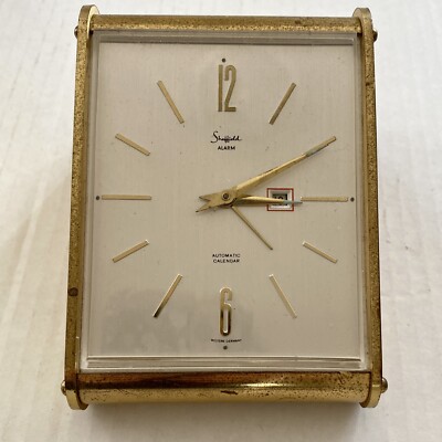 Sheffield Brass Lucite Alarm Clock w Date Wind-up Works -West Germany Vintage 