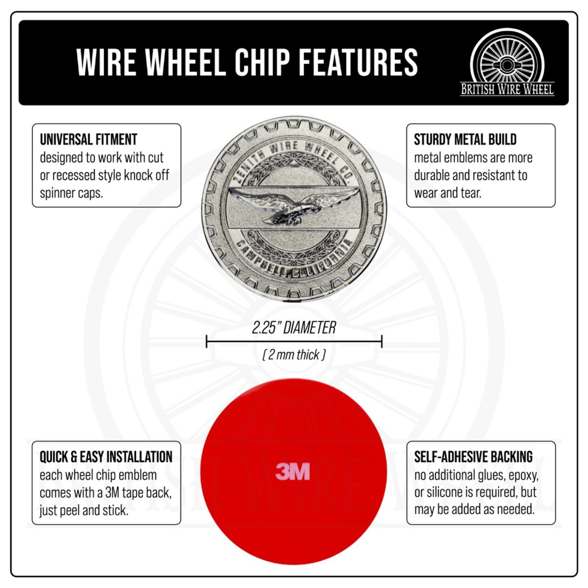 Zenith Chrome 3D Metal Wire Wheel Knockoff Chip Emblems | 2.25