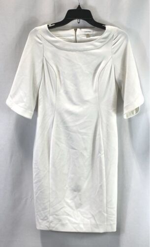 Calvin Klein Womens White Short Sleeve Round Neck Back Zip Sheath Dress Size 8P