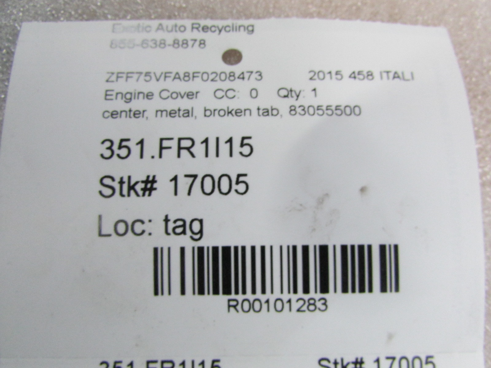 Ferrari 458 Italia Coupe, Forward Engine Bay Panel, Used, P/N 83055500