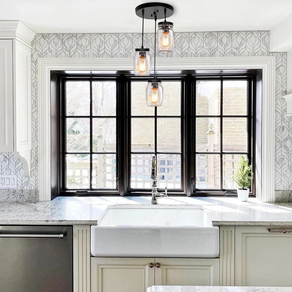 Farmhouse Glass Mason Jar Light Fixture Adjustable Kitchen Island Pendant Light - Image 4 of 4