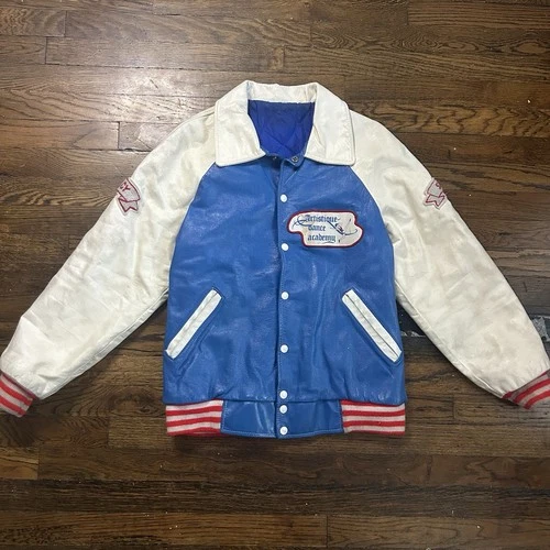 Vintage 80s Genuine Leather Dance Academy Embroidered Varsity Style Jacket - product listing photo