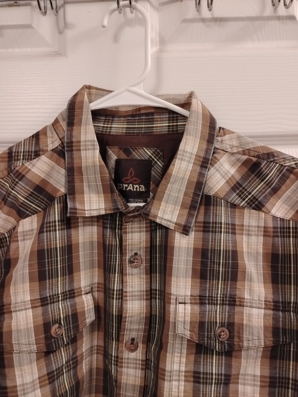 prAna Brown Plaid  Short Sleeve Button Up Shirt Mens XL