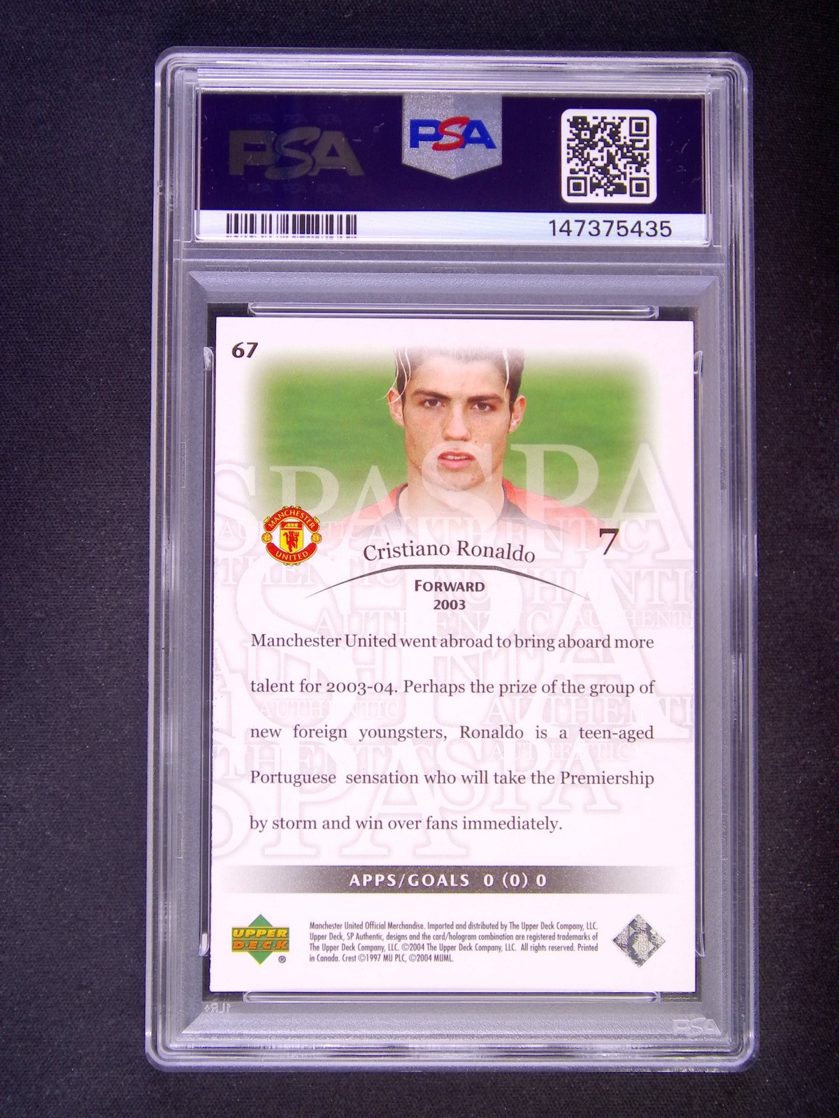2004 Upper Deck UD SP Authentic Cristiano Ronaldo #67 Manchester United PSA 10 view 2