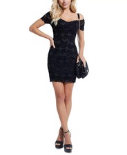GUESS Drea Flocked Floral Lace Off The Shoulder Dress in Black Size S