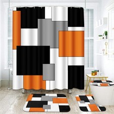 4 Pcs Orange Black Grey Modern Abstract Bathroom Set Shower Curtain Rugs