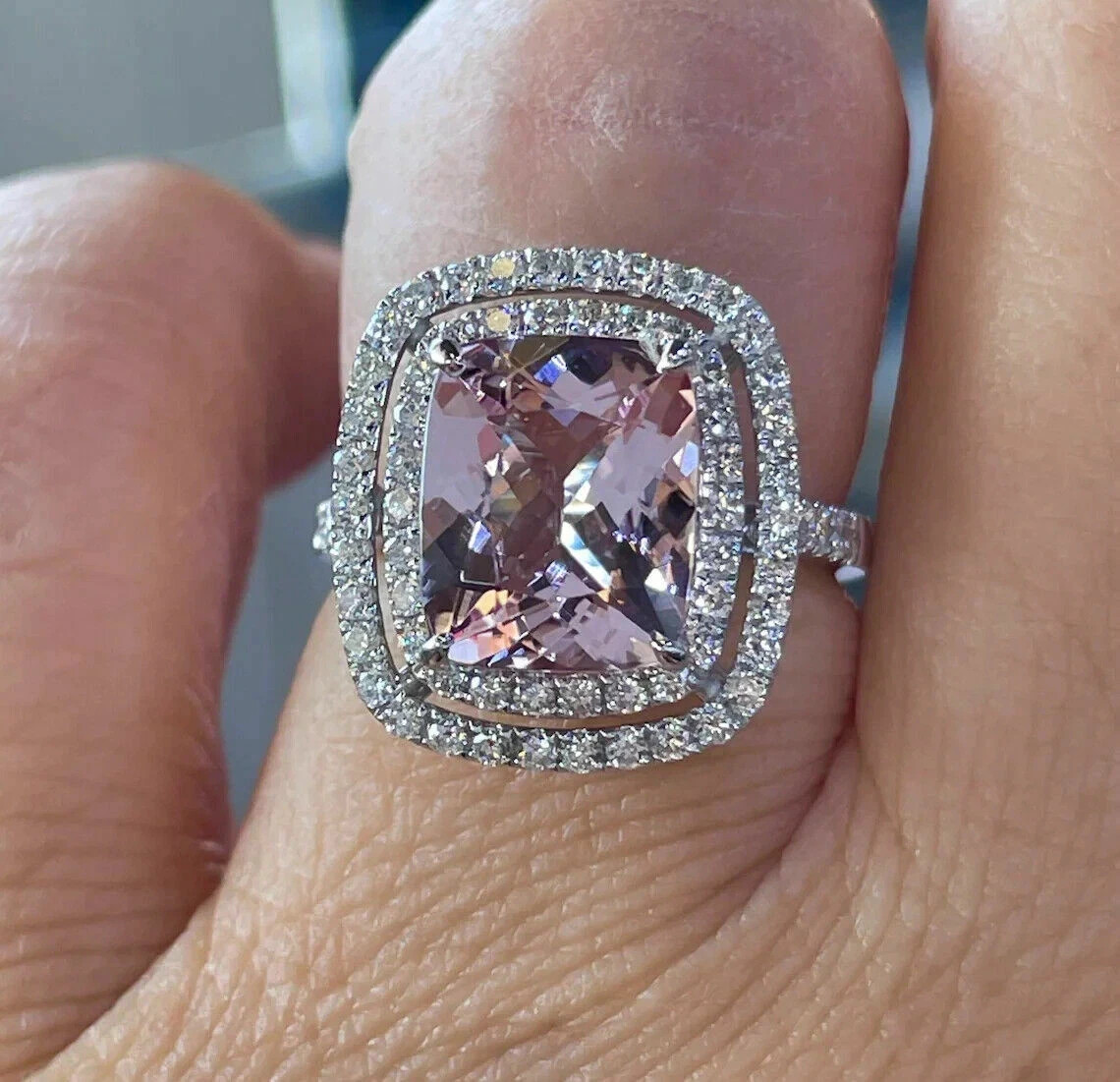 2.85 Ct Cushion Cut Morganite Halo Engagement Woman's Ring 14k White Gold