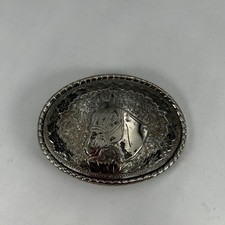 Vintage W Horse Head Belt Buckle Silver Tone Floral Rope Edge Made in USA