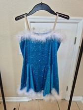 Turquoise blue velvet with feather detail dance costume, Size Large Child.