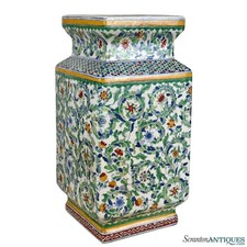 Vintage 14" Chinese Porcelain & Enamel Green Floral Paneled Vase