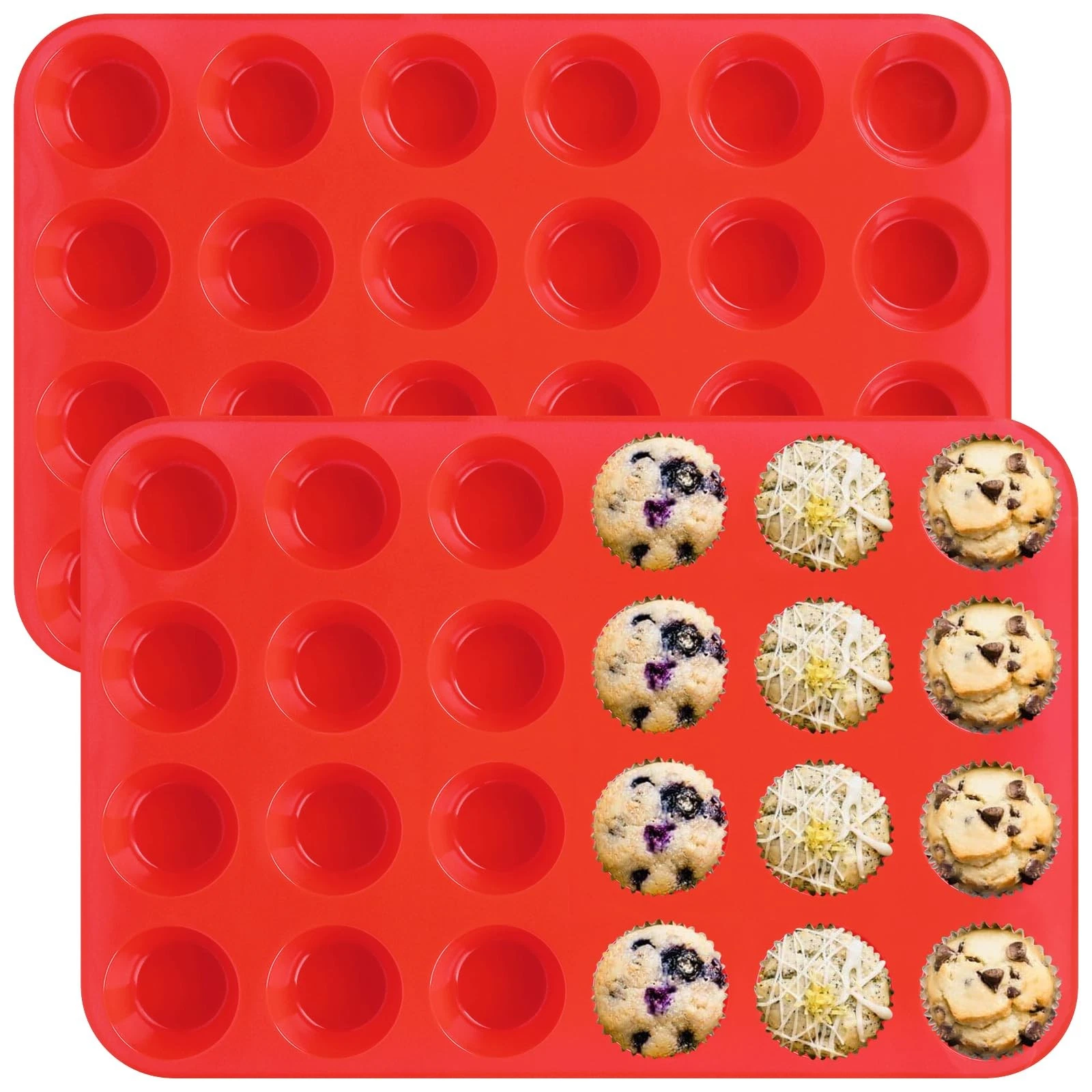Sakolla 2 Pack Silicone Muffin Pan, Mini Molds 24-Cavity, Red
