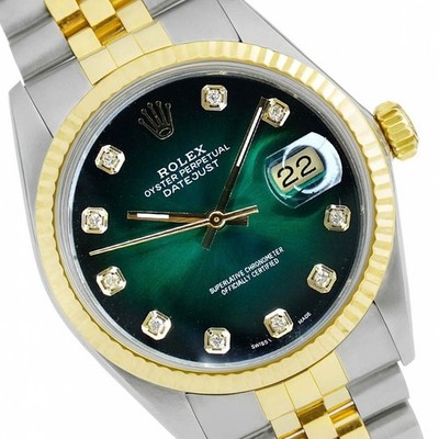 Rolex Unisex Datejust Watch Gold SS Green Vignette Diamond w/ Original Box