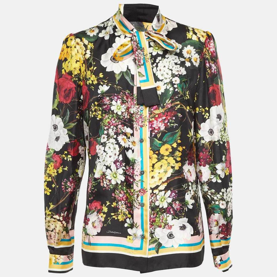 Camisa Dolce & Gabbana Negra Estampado Floral Seda Botón Frontal M