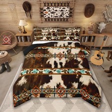 Cowhide Quilt Brown Highland Cow Print Queen Comforter Set,Western Bedding Se...