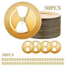 Set Of Gold Charger Plates with Beaded Rims , 13 in Round Chargers Set Of 50 New