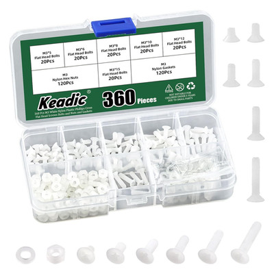 360Pcs M3 White Nylon Countersunk Machine Screws, Nylon Flat Head Machine Screws