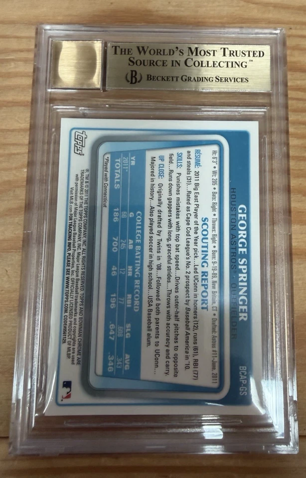 GEORGE SPRINGER BGS 9.5 2011 BOWMAN CHROME DRAFT #BCAP-GS PROSPECT AUTO - Image 2 of 2