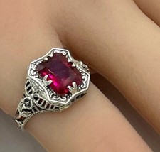 VIVID RED ANTIQUE STYLE 925 STERLING SILVER LAB-CREATED RUBY FILIGREE RING 1338