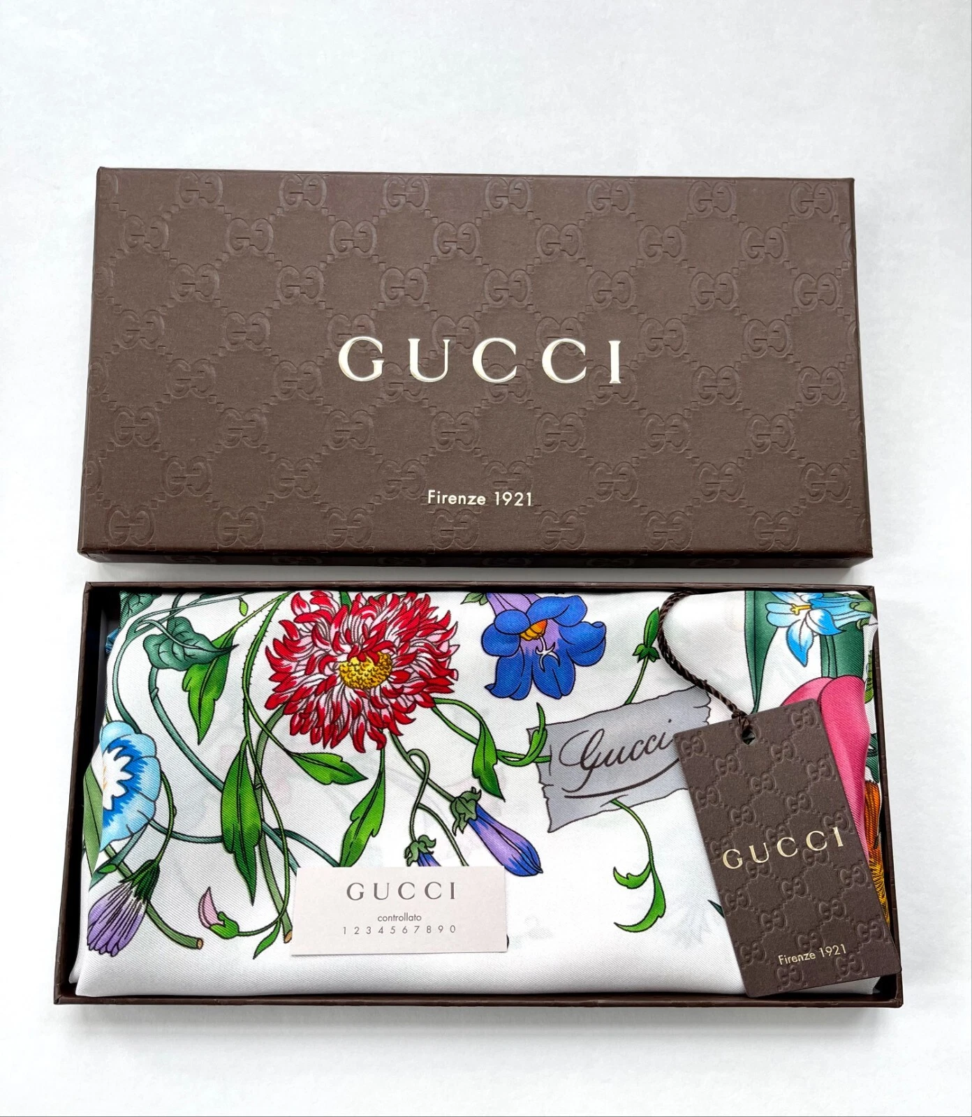 Iconic Gucci White Multicolor Flora Silk Scarf with Gucci Gift Box