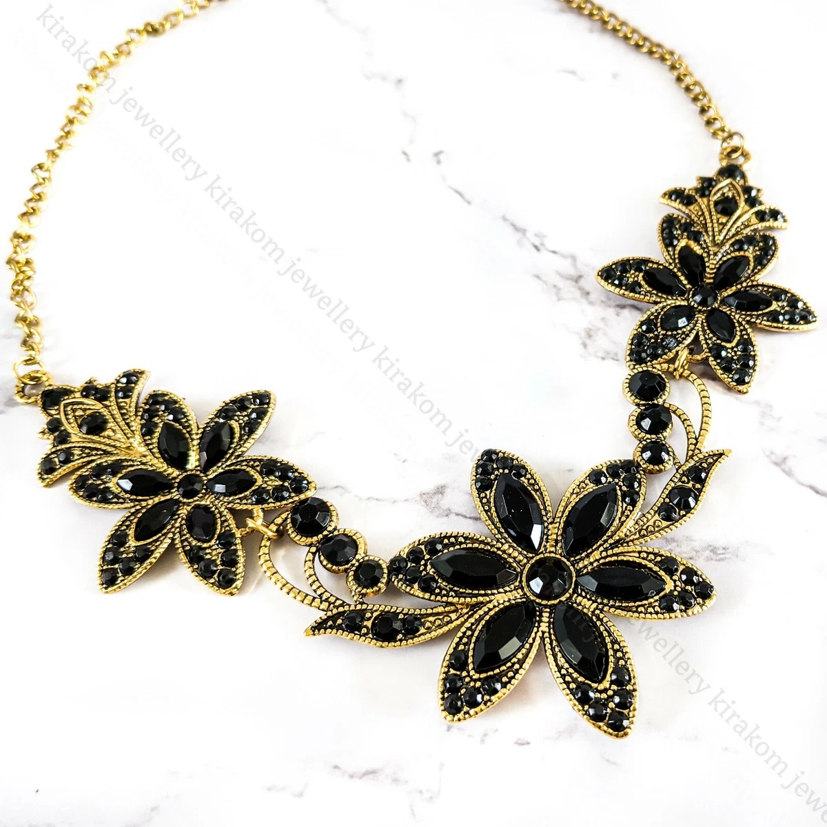 Black Gothic Statement Necklace Bib Luxury Fancy Punk Flowers