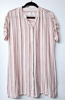 THREAD SUPPLY Shades Of Pink Striped Linen Blend Short Sleeve Women Shirt (M)