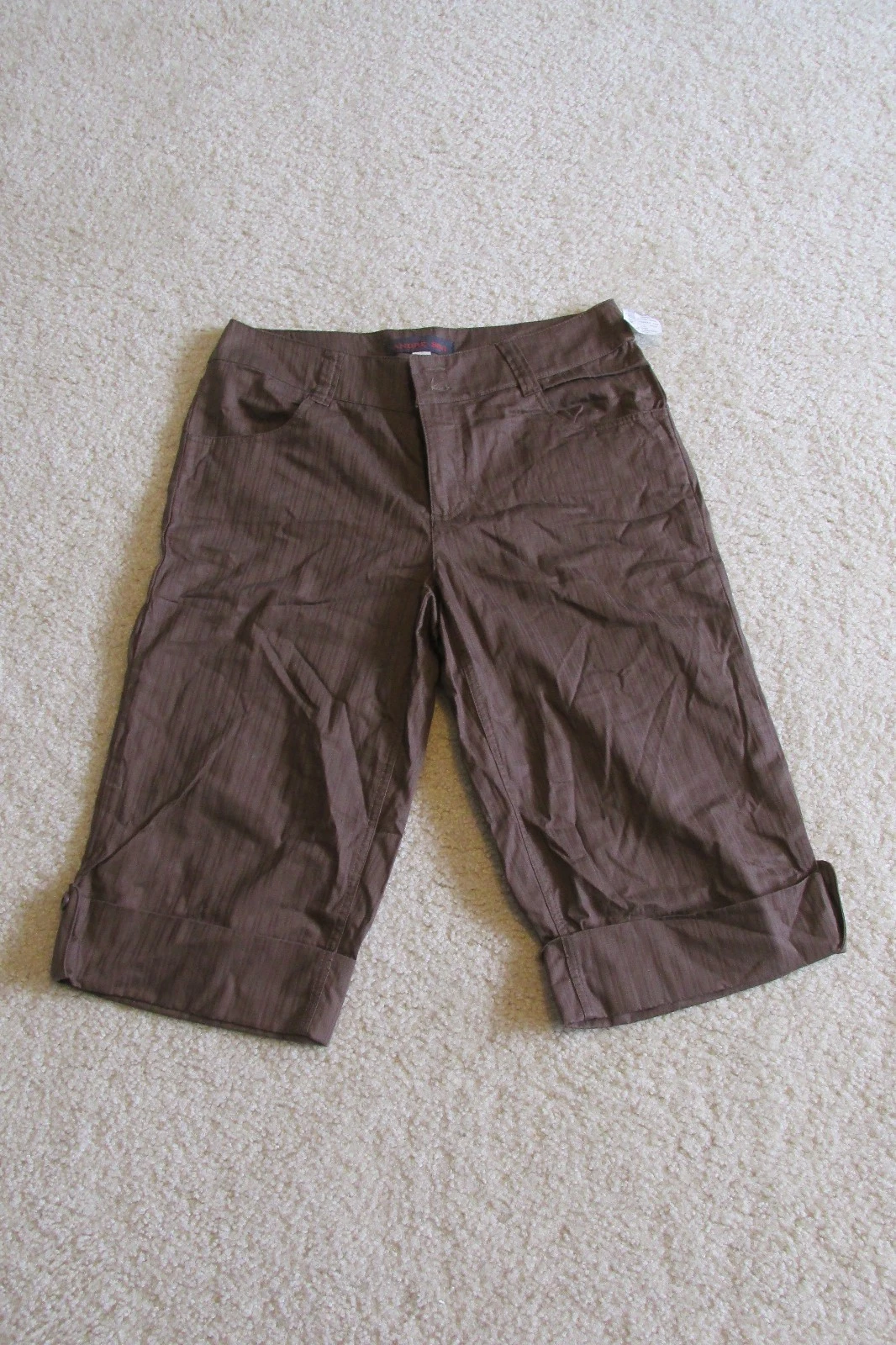 New Women's Andre Bini Brown Striped Chino Cuffed Capris Cropped Pants Size 10