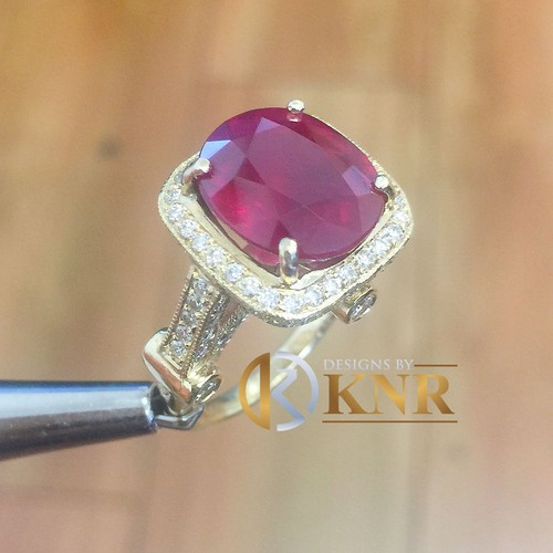 14K YELLOW GOLD CUSHION RUBY AND ROUND CUT DIAMONDS RING DECO BRIDAL HALO 7.50CT - Picture 5 of 10