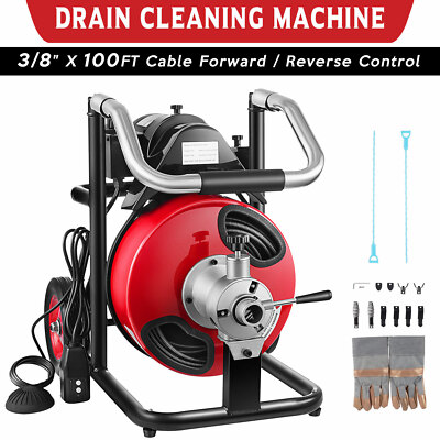  Electric 100ftx3/8'' Drain Cleaner Sewer Snake Auger Cleaning Machine w/ Cutters