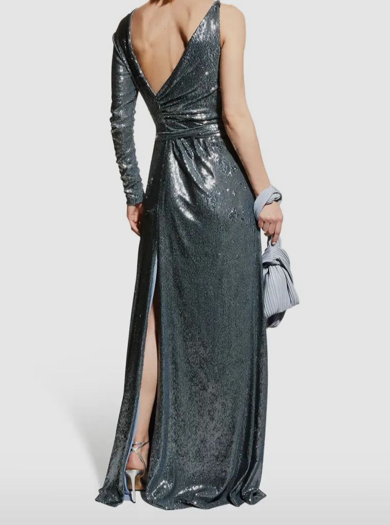 $546 Halston Women's Blue Sequin One Shoulder Self Tie Gown Dress Size 10