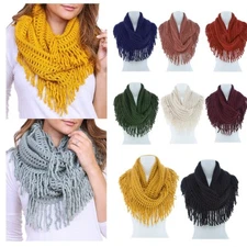 Women Winter Warm Infinity Long Circle Cable Knit Cowl Neck Tassel Scarf Shawl